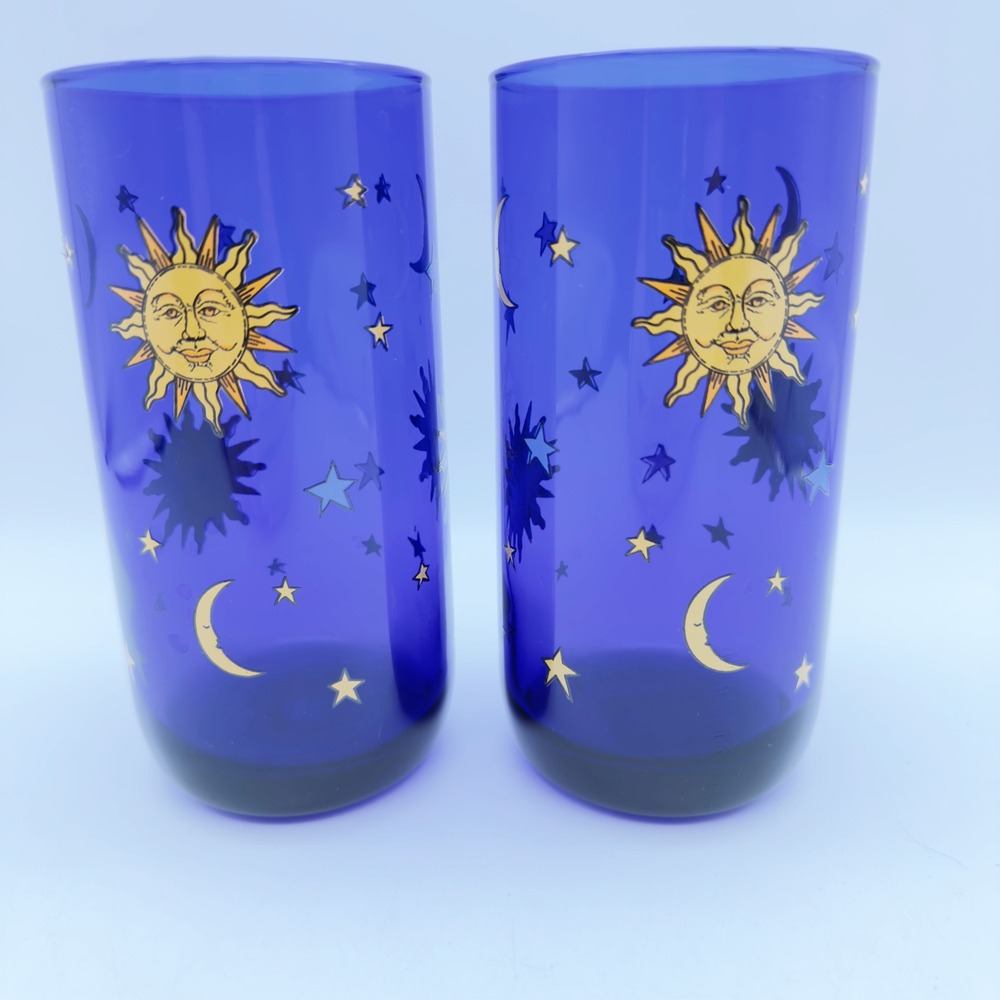 New Set of 2 Libbey Cobalt Blue Celestial Sun Moon Stars Highball Glasses Vtg